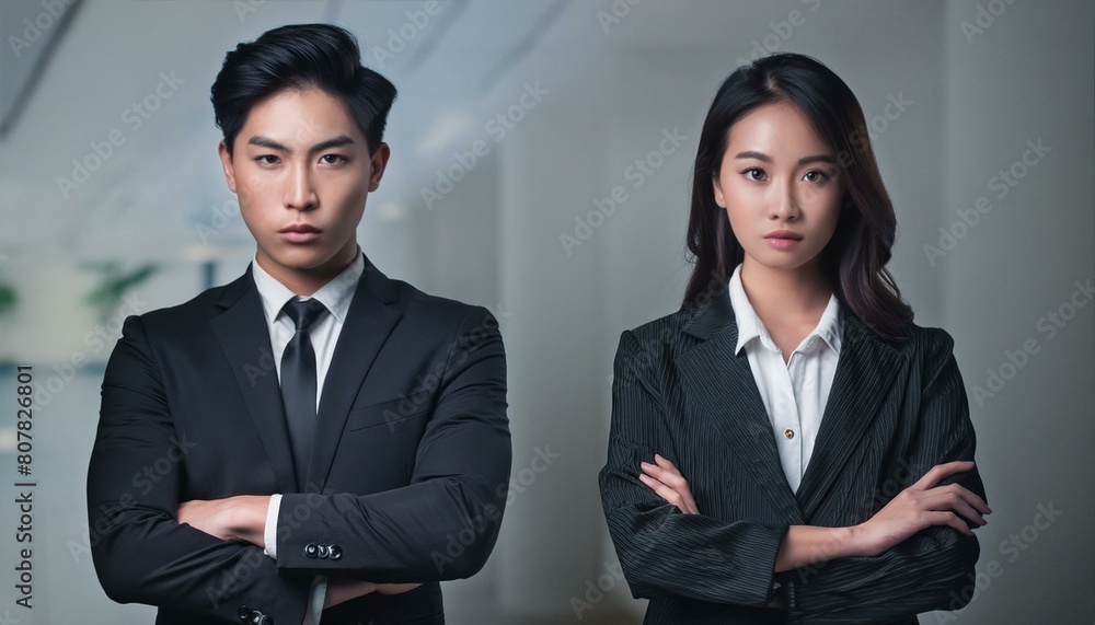 怒っているスーツ姿の若い日本人男性と女性 怒っているスーツ姿の若い日本人男性と女性