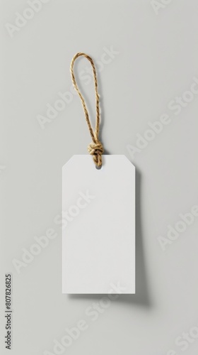 Blank white price tag hanging on a rope on a gray background. Mockup background . Vertical background 