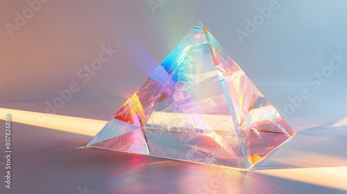 A 3D render of a crystal pyramid  glowing with rainbow colors against a pure white background 8K   high-resolution  ultra HD up32K HD