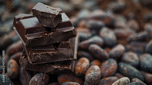 Chocolate against the backdrop of cocoa beans