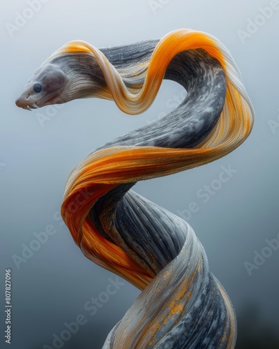 A hyperrealistic eel emerges from the water under a bleached sky, blending modernity with mysticism in Prussian blue, orange, and mustard tones. photo