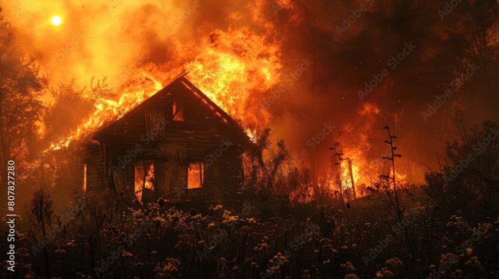 House engulfed in flames at night House engulfed in flames at night