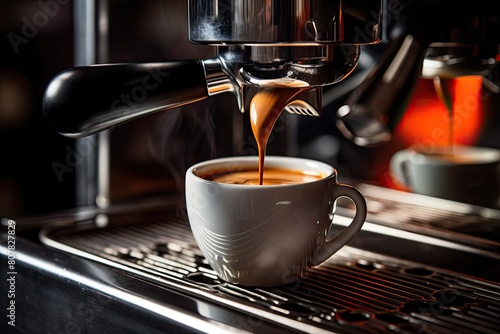 Preparing Espresso on Professional Coffee Machine in Coffeeshop Closeup  Pouring Strong Coffee