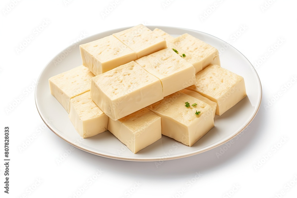 Tofu Cheese Isolated, Smoked Vegan Cheese Slice, Sliced Soya Bean Curd, Soy Protein or TSP Tofu Cheese Isolated, Smoked Vegan Cheese Slice, Sliced Soya Bean Curd, Soy Protein or TSP