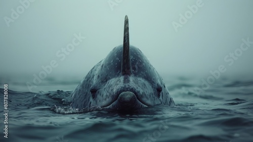 A mystical narwhal emerges from the ocean under a bleached sky, in hyperrealistic style with vibrant periwinkle, pink, and lime hues.
