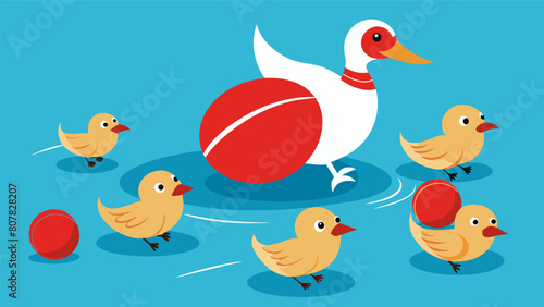 A stray cricket ball lands in the midst of a group of lounging ducks causing a comical chaos as they frantically waddle away.. Vector illustration