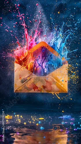 Envelope exploding in colorful paint, symbolizing mail, contact, advertising, and email. Dynamic and vibrant visual concept photo