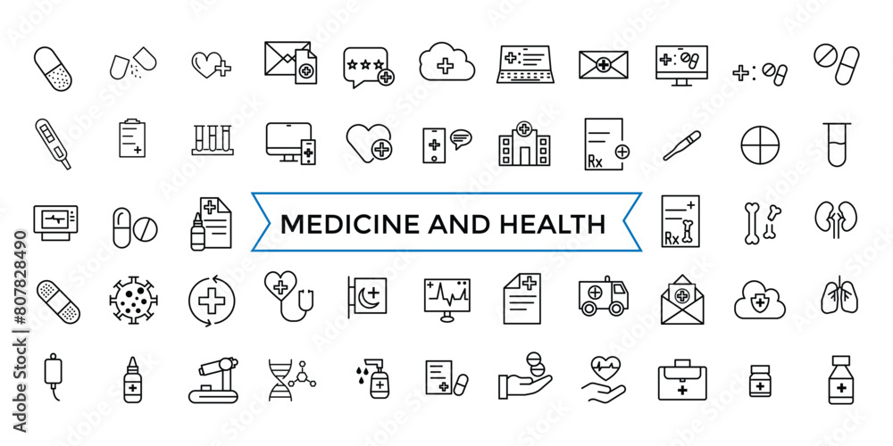 Medicine and Health symbols line web icon set. Outline icons pack. Icon collection. Editable vector icon and illustration.