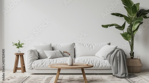 big white living room.interior design,grey sofa,wooden table,carpet,tree and wall for mock up and copy space-