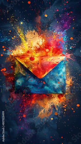 Envelope exploding in colorful paint, symbolizing mail, contact, advertising, and email. Dynamic and vibrant visual concept photo