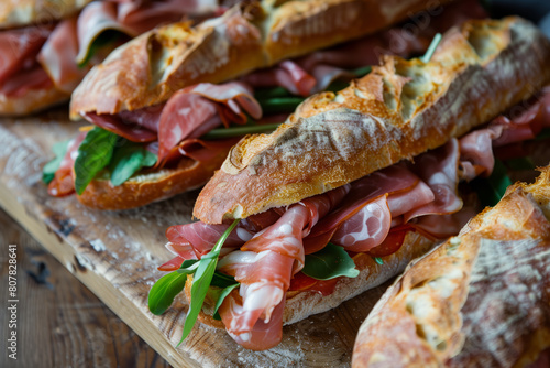 Delicious array of Italian sandwiches with salami, prosciutto, and fresh vegetables