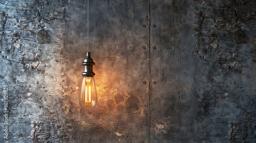 Edison lamp is included in loft room, against background of concrete wall.  photo