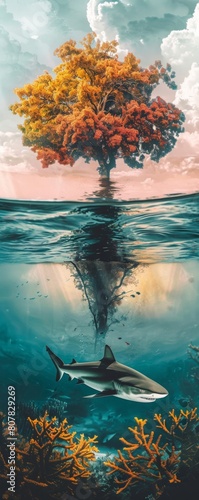 Whitetip Shark breaks through the surface under a bleached sky  creating a mystical and hyperrealistic scene with a modern twist.
