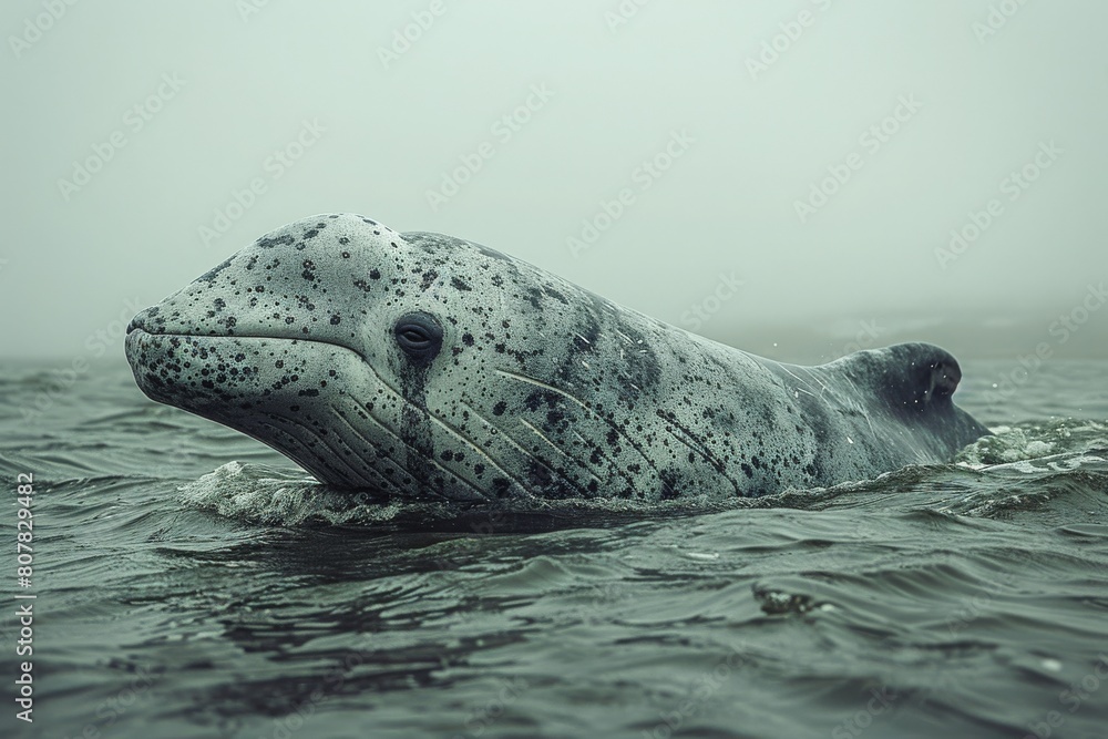 Obraz premium Hyperrealistic narwhal silhouette under a pale sky, exuding mystery and merging modern art with mythical allure.