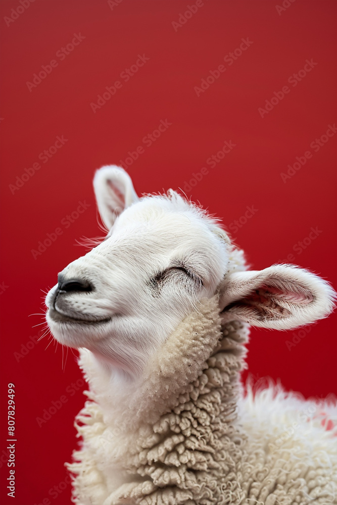 Fototapeta premium Eid ul adha concept, A white sheep with its eyes closed and head raised, exuding relaxation against a red background 