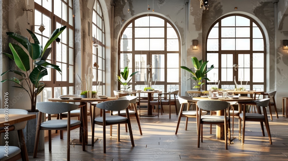 Loft restaurant corner with a wooden floor, tall windows and gray and wooden chairs near round tables. 