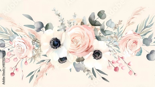 Blush pink roses, ranunculus, peony, white anemone flowers, pampas grass, eucalyptus vector design bouquet. Wedding flowers and greenery. Watercolor. photo
