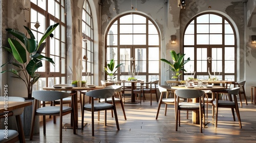 Loft restaurant corner with a wooden floor, tall windows and gray and wooden chairs near round tables.  photo