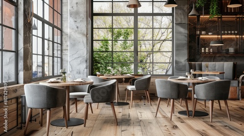 Loft restaurant corner with a wooden floor, tall windows and gray and wooden chairs near round tables.  photo