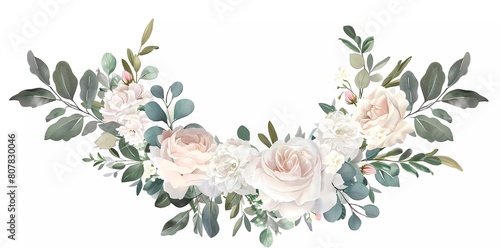 Fototapeta Naklejka Na Ścianę i Meble -  Watercolor flower bouquet with green leaves, branch leaves white flowers blush peach pink