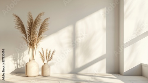 Modern workplace and vases with dry reeds near light wall 