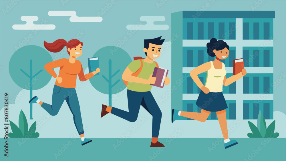 During a break from studying a group of friends jog around the perimeter of the library to get their flowing and increase their energy levels.. Vector illustration