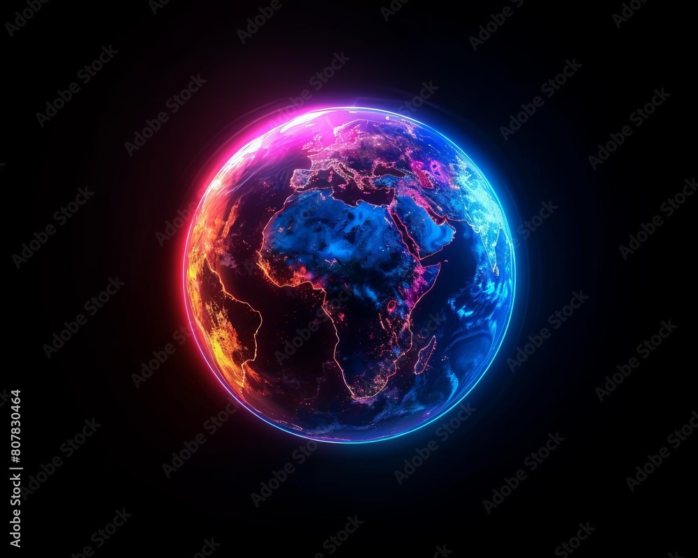 A minimalist design with a solid black background showcasing a neon lit globe at the center, ideal for world themed concepts