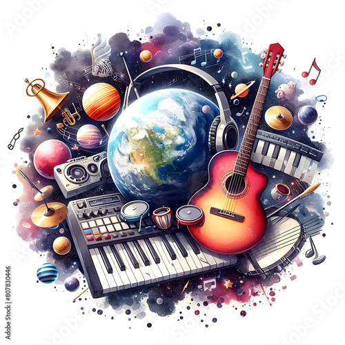 Vibrant Watercolor Illustration of a World Music Day Music-themed design with musical instrument