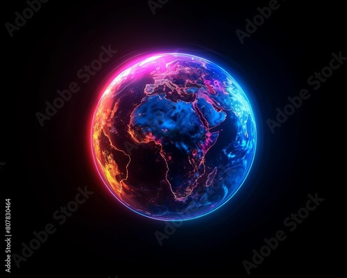 A minimalist design with a solid black background showcasing a neon lit globe at the center, ideal for world themed concepts