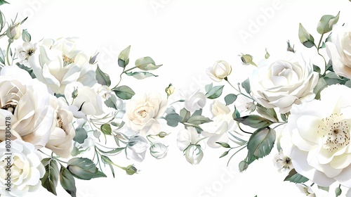 The subject described is a watercolor border with white roses and peonies photo