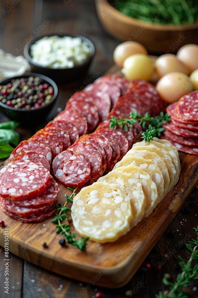 A wooden board displays a delectable assortment of sliced meats, perfect for lunch. A wooden board displays a delectable assortment of sliced meats, perfect for lunch.