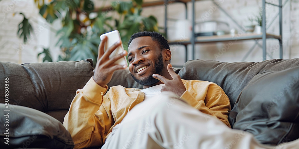 Fototapeta premium An African man relaxes on a sofa, smiling while using his phone for online communication.