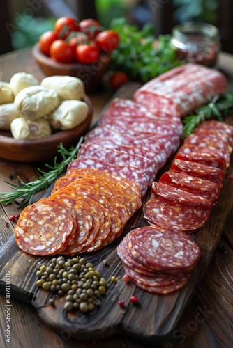 A rustic board atter showcases an array of delicious sliced meats, perfect for a gourmet meal.