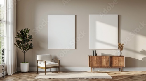 Two canvases on the beige wall of the living room interior with a sideboard and armchairs in a seating area. 