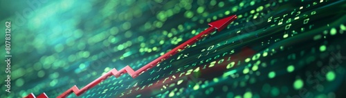 Financial growth concept with a red arrow pointing upward on a background of green stock market data photo