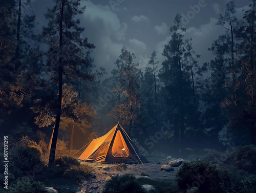 A tent in the forest in a night. The light from the lantern in a tent. Camping in the wild nature