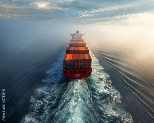 Logistics and global trade concept with a cargo ship transporting containers across the sea