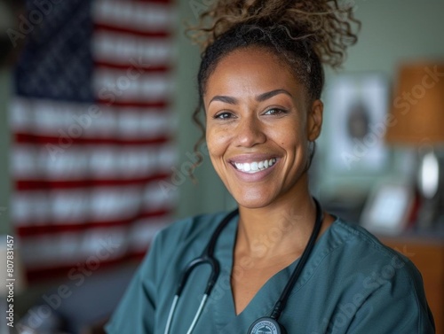 Portrait of a dedicated VA nurse in uniform smiling at the camera, American flag in the background, symbolizing service and care