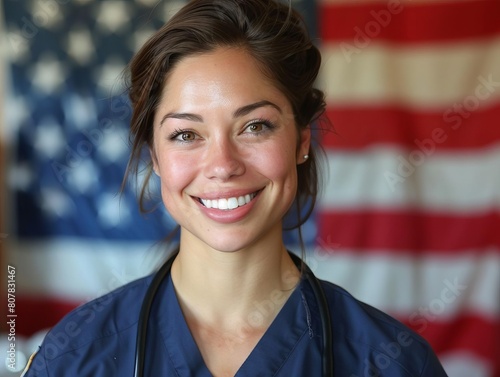 Portrait of a dedicated VA nurse in uniform smiling at the camera, American flag in the background, symbolizing service and care