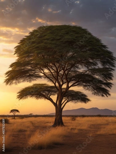 African acacia tree in the setting sun