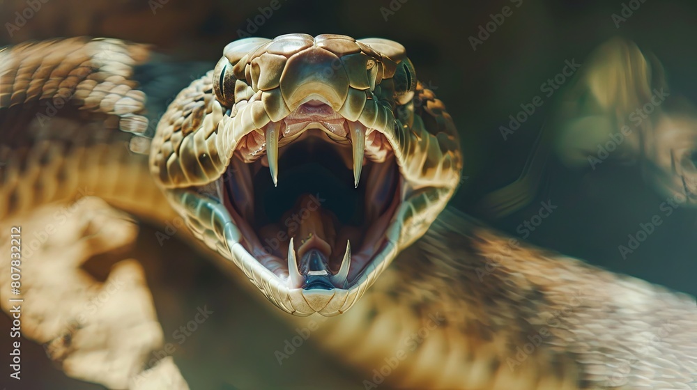 Fototapeta premium Close-up of a menacing snake with an open mouth ready to strike