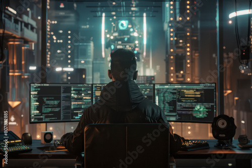 man is sitting in front of a computer monitor with three screens. He is wearing a black hoodie and he is focused on his work. The room is dimly lit, giving the impression of a quiet