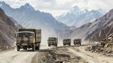 A convoy of military transport trucks driving through a rugged mountain pass,showcasing the logistical challenges and strategic importance of overland transportation in remote regions