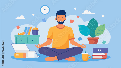 A man sitting in a peaceful and clutterfree environment practicing decluttering and organization techniques to reduce feelings of overwhelm and. Vector illustration