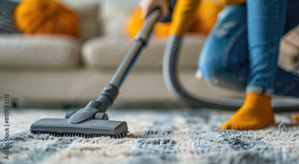 A woman is using a vacuum cleaner to clean the carpet in her living room. A closeup shows her hand holding the carpet cleaning head, which has a yellow and blue color scheme
