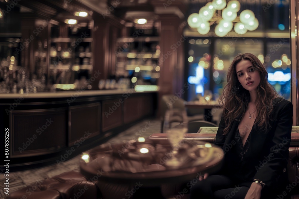 A woman is sitting at a table in a bar. She is wearing a black dress and a necklace. The bar is dimly lit, creating a cozy atmosphere