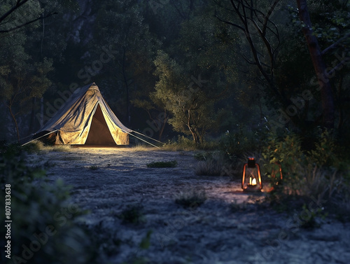 A tent in the forest in a night. The light from the lantern in a tent. Camping in the wild nature