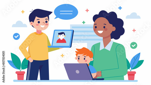 A parent proudly looking at their childs profile on the educational social network seeing the progress they have made in their academic learning and. Vector illustration