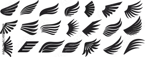 Adobe Illustrator ArtwoThe Wings logo. An emblem in the form of a wing silhouette, a set of vector icons with wings, emblems with angel wings. Eagle, aviation symbols. Vintage tattoo, set of vector rk