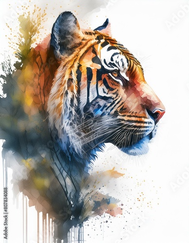 Silhouette de tigre sur fond blanc avec espace de copie - vue rapprochée de la tête_1.jpg
